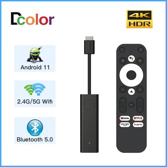 DCOLOR TV STICK Android 11.0 Amlogic S905Y4-B Google Certified Smart Tv Stick 4K HDR 2GB 16GB 2.4g&5g wifi BT5.0 media stick